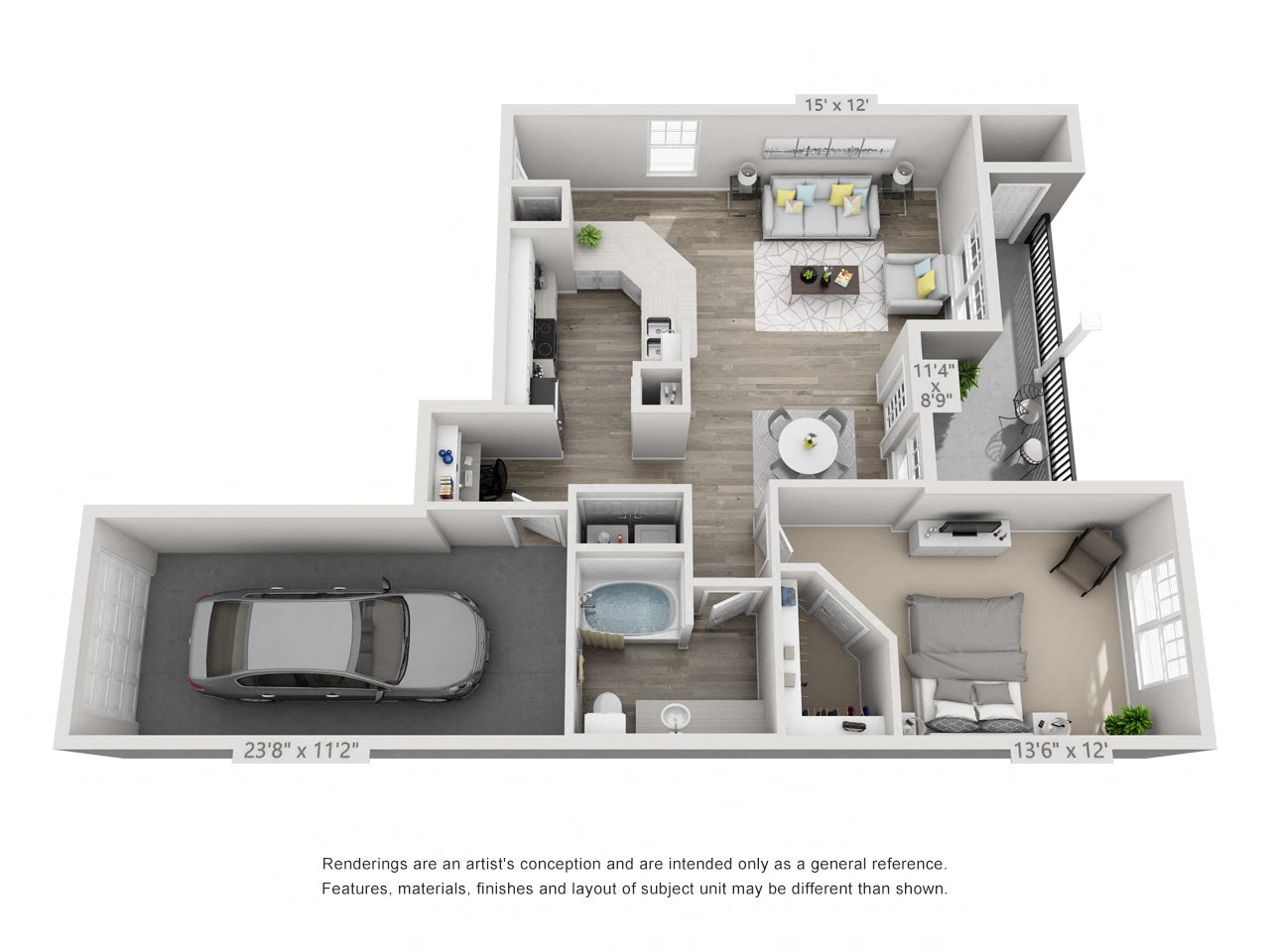 Floor plan for 1 bed, 1 bath, 973 sqft